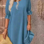 Fashion Ruffle Short-sleeved Dress Summer Solid Color Round Neck Loose Midi Straight Dress for Women. - EX-STOCK CANADA