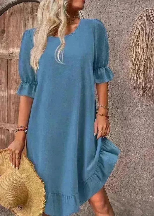 Fashion Ruffle Short-sleeved Dress Summer Solid Color Round Neck Loose Midi Straight Dress for Women. - EX-STOCK CANADA