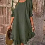Fashion Ruffle Short-sleeved Dress Summer Solid Color Round Neck Loose Midi Straight Dress for Women. - EX-STOCK CANADA