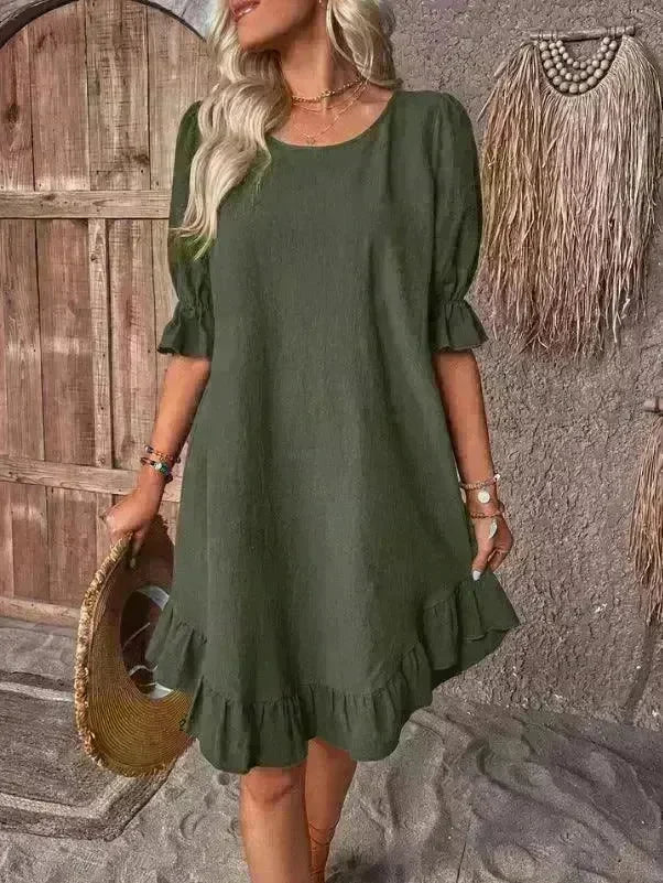 Fashion Ruffle Short-sleeved Dress Summer Solid Color Round Neck Loose Midi Straight Dress for Women. - EX-STOCK CANADA