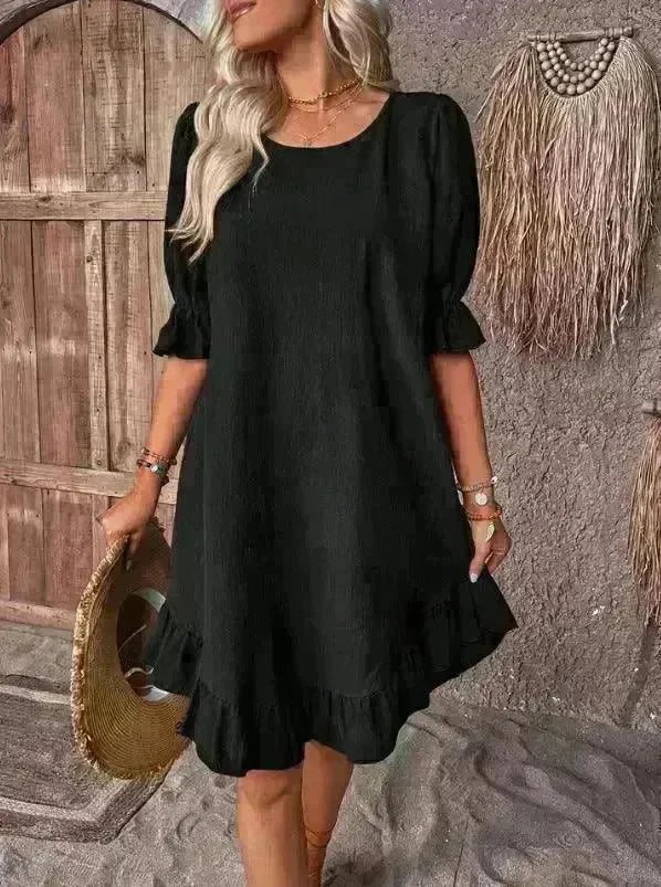 Fashion Ruffle Short-sleeved Dress Summer Solid Color Round Neck Loose Midi Straight Dress for Women. - EX-STOCK CANADA