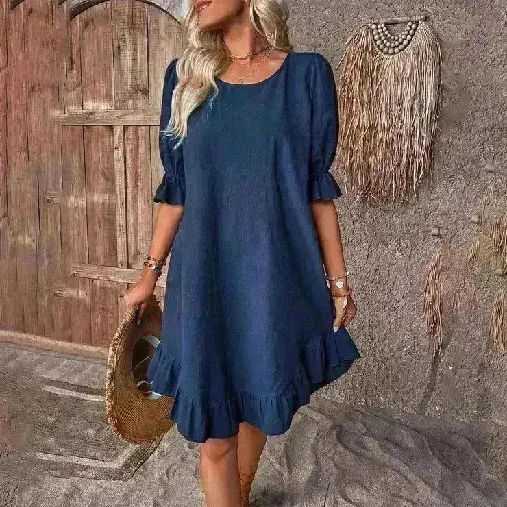 Fashion Ruffle Short-sleeved Dress Summer Solid Color Round Neck Loose Midi Straight Dress for Women. - EX-STOCK CANADA
