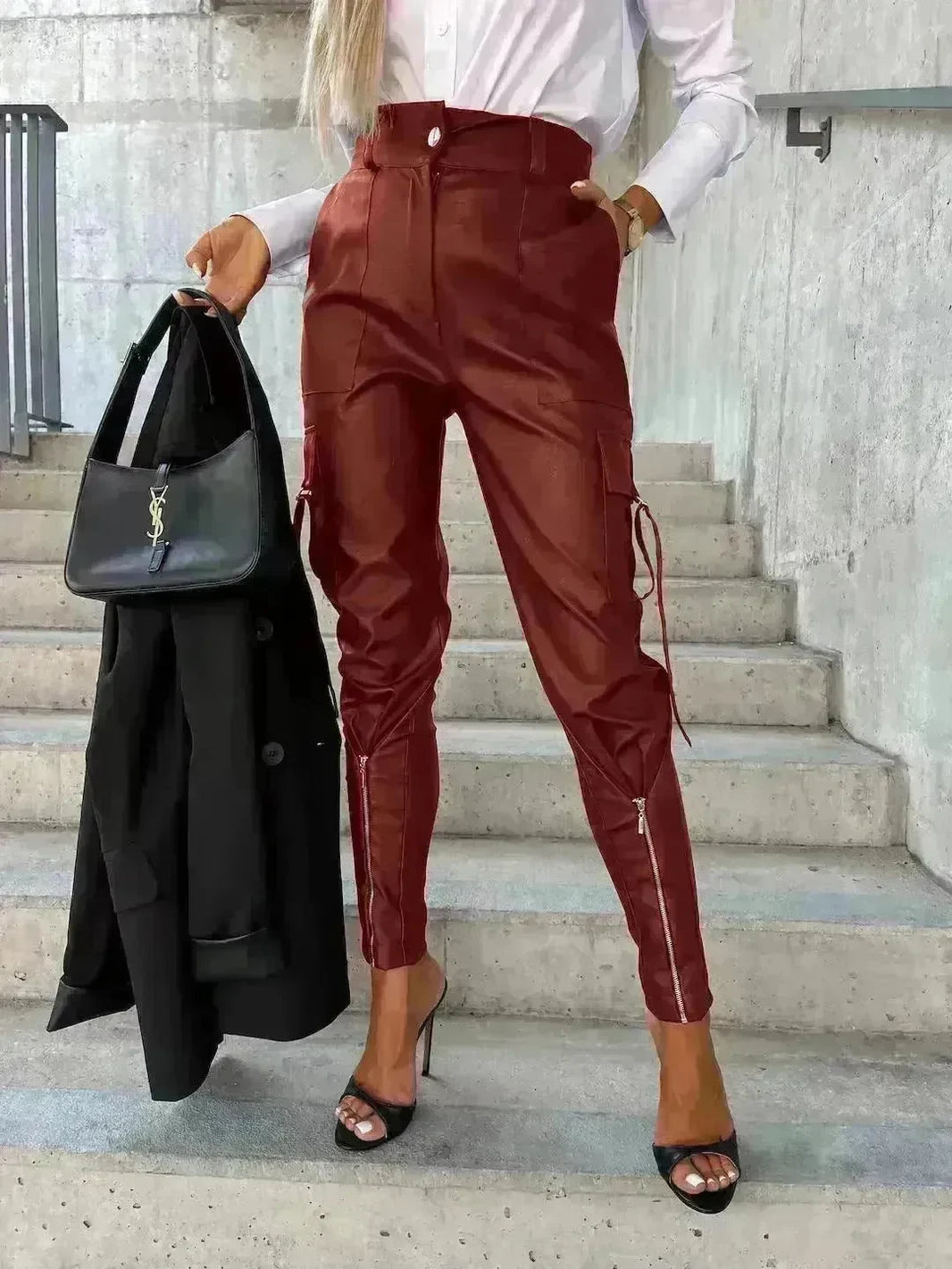 Fashion Slim-fitting Leather Trousers Women Waist-cinching Zipper Design Pants With Pockets - EX-STOCK CANADA