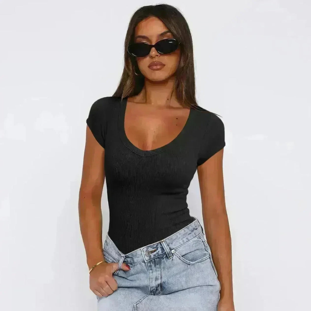 Fashion Spiral Pattern Slim T-shirt Summer Solid Color Sexy Short-sleeved Top For Women - EX-STOCK CANADA