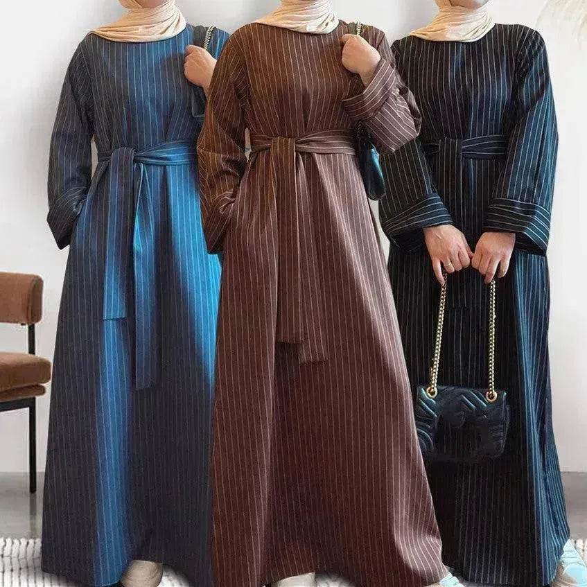 Fashionable Stripe Tunneled Abaya Dress for Elegant Arab Dubai Turkey Middle Eastern women. - EX-STOCK Canada