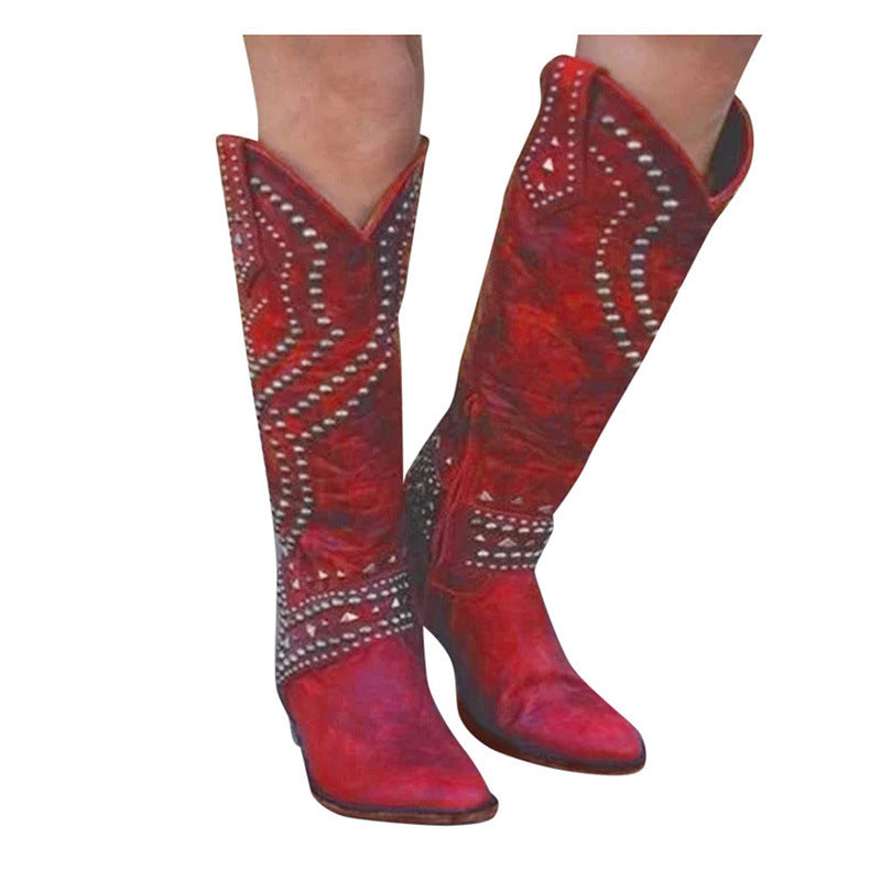 Women's Rivet Studded Knee-High Cowboy Boots | Chunky Block Heel | Sizes 35–43
