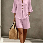 Women's Two-Piece Shorts Suit – V-Neck Ruffle Top & Short Pant Set