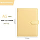 Yellow notebook with dimensions and product name on a white background