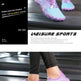 A pair of women's athletic sneakers in a purple and light blue gradient, shown being worn on a treadmill. The image is a composite layout featuring a top photo of the feet on the treadmill, a bottom photo of the shoes, and a black promotional sidebar with text.