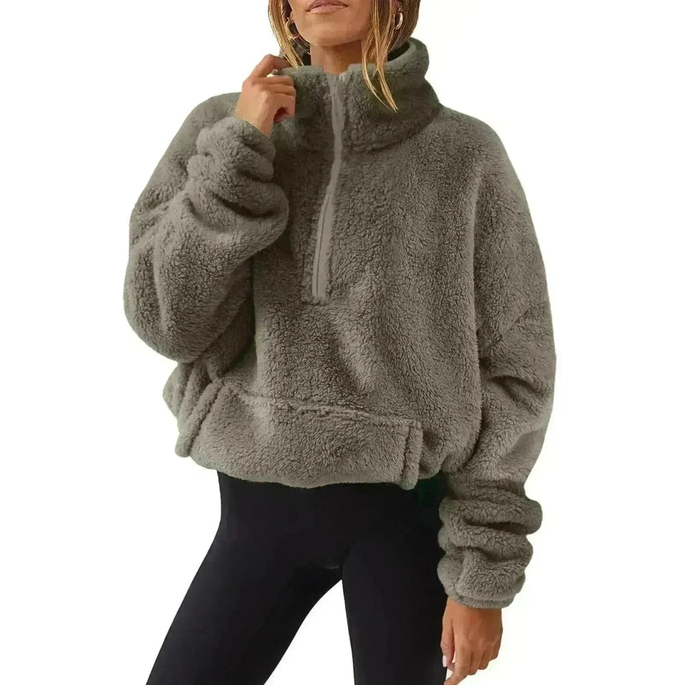 European And American Velvet Fleece-lined Women's Half Zipped Stand Collar Sweater - EX-STOCK CANADA