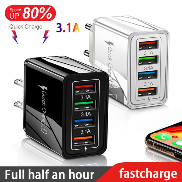 4-Port USB Wall Charger with Quick Charge 3.0 – EU, UK & US Plug | Multi-Colour