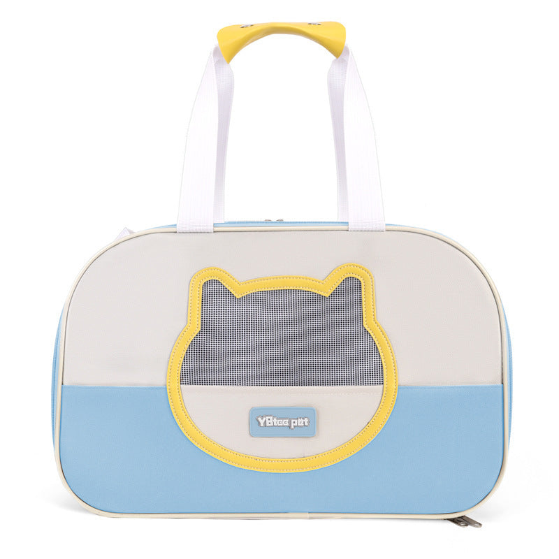 Pet carrier with cat face design on a white background
