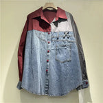 High-grade Contrast Color Patchwork Cotton Denim Long Sleeve Loose Shirt Women - EX-STOCK CANADA