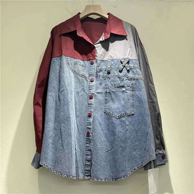 High-grade Contrast Color Patchwork Cotton Denim Long Sleeve Loose Shirt Women - EX-STOCK CANADA