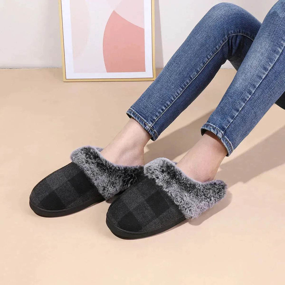 Winter Warm Plaid Plush Slippers Home Indoor Non-slip Bedroom Floor Soft Fuzzy Slipper For Couple Fashion Solid House Shoes - EX-STOCK Canada