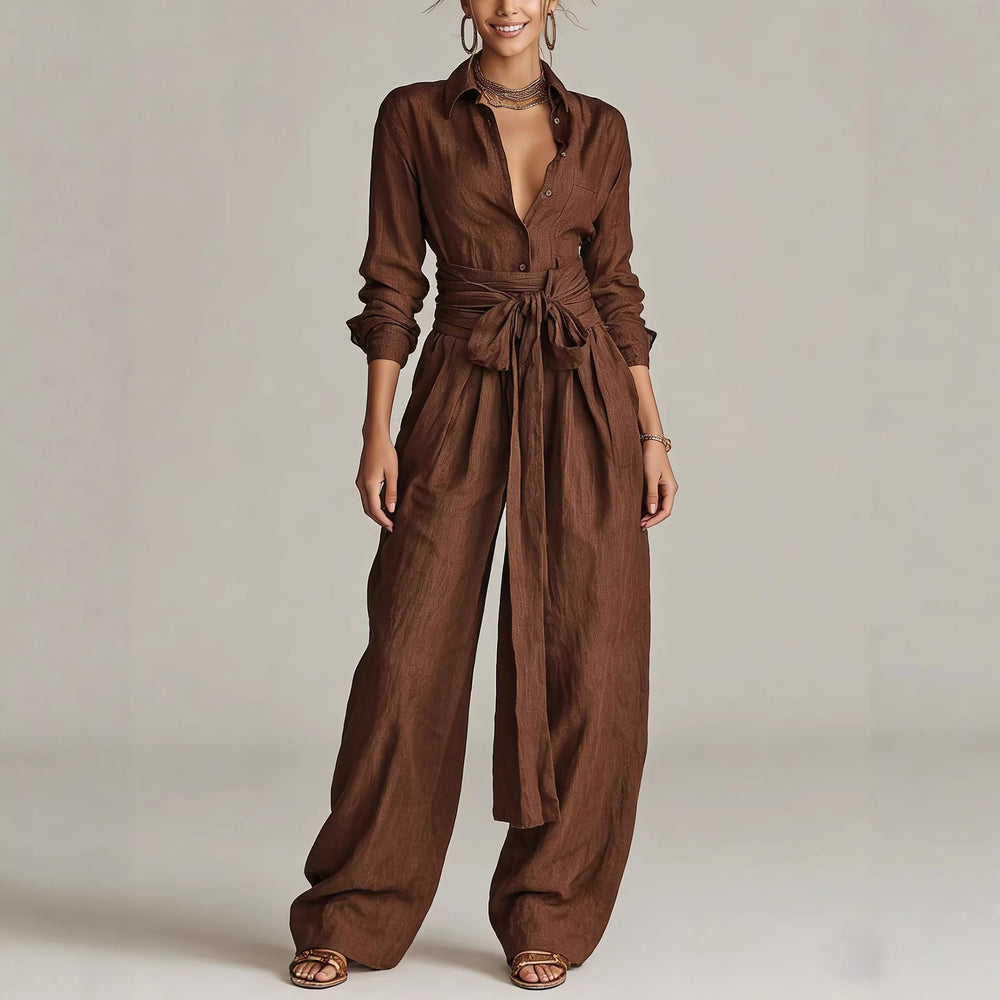 Women's brown linen-blend belted shirt and wide-leg pants set