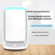 Air purifier on a wooden surface with text highlighting its features.