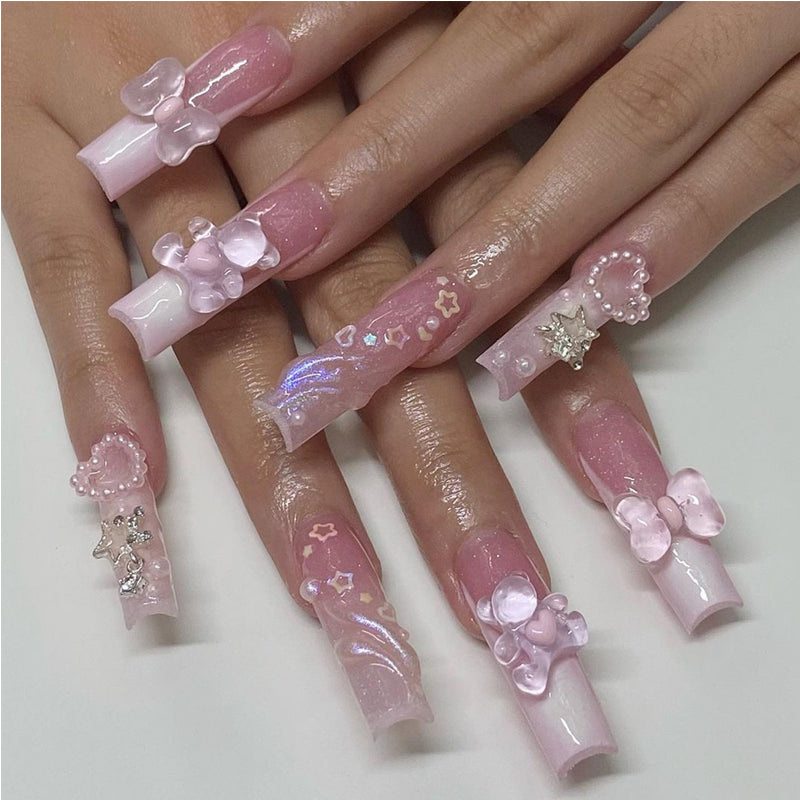 24 PCS Bear Bowbowknot Nail Art, Long Length Long Water Pipe Fake Nails,Square Head Nail Tips False Nail EX-STOCK Canada 