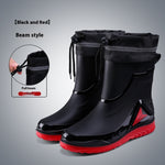 Black rain boots with red soles on a gray background