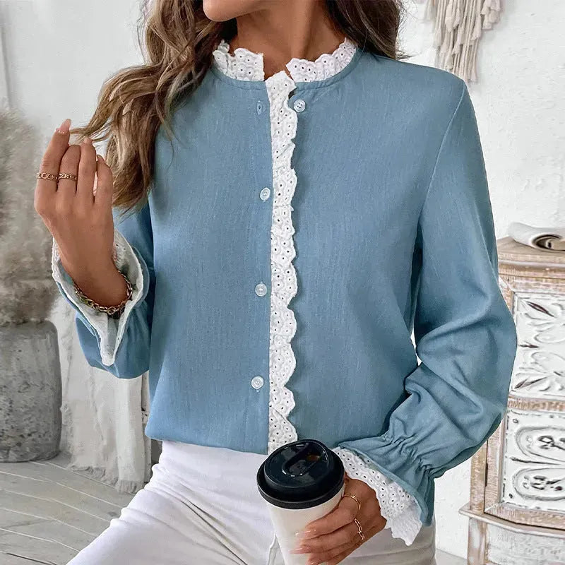 Elegant Single-breasted button Blue Shirt For Women - EX-STOCK CANADA