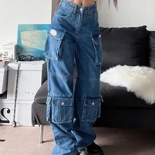 Jeans cargo per il fidanzato larghi blu di jeans per donne