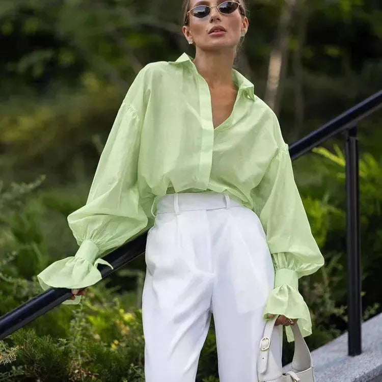 Loose Lapel Lantern Long Sleeves Blouse Shirt For Women - EX-STOCK CANADA
