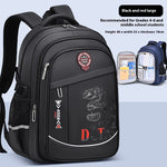 Black and red large backpack with DCTN branding on a light blue background