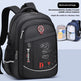 Black and red large backpack with DCTN branding on a light blue background