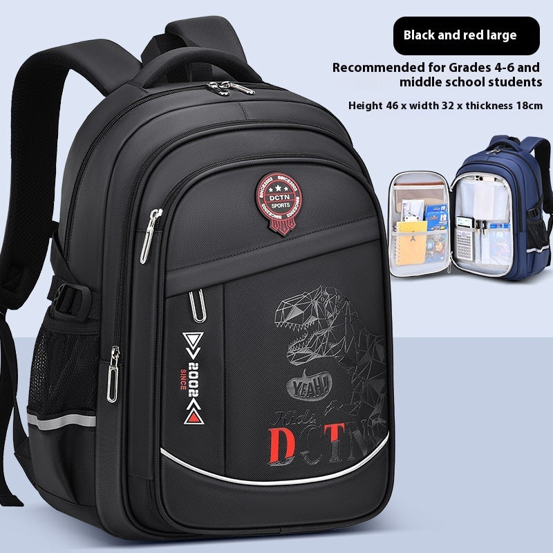 Black and red large backpack with DCTN branding on a light blue background