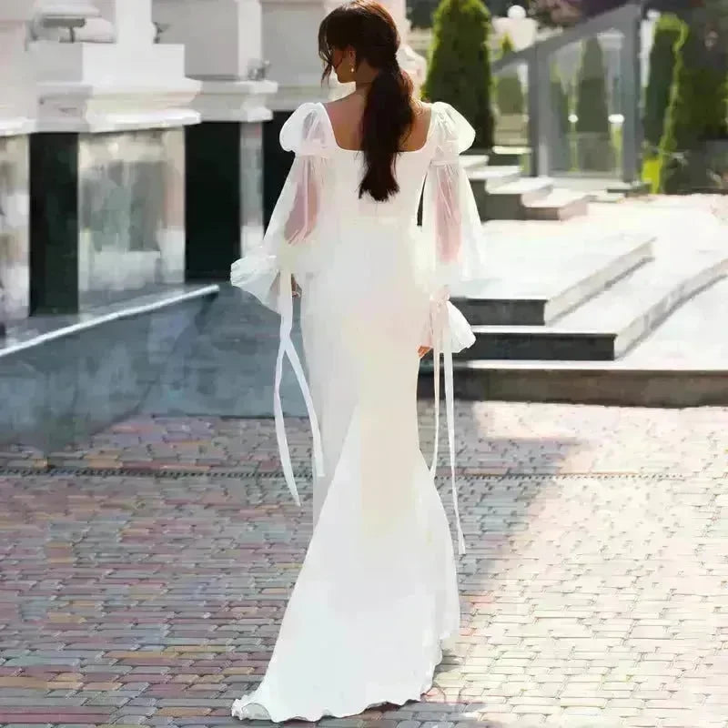 Women's Ruffled Long Sleeve Banquet Temperament High Waist Mop White Wedding  Party Fish Tail Styled  Dress Mermaid Dress - EX-STOCK CANADA