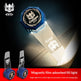 A blue and clear magnetic film-adsorbed fill light shown illuminated, with two smaller inset views of the same product on a dark background. The product has a blue cap with a circular black-and-white logo and a transparent strip with a white printed emblem.