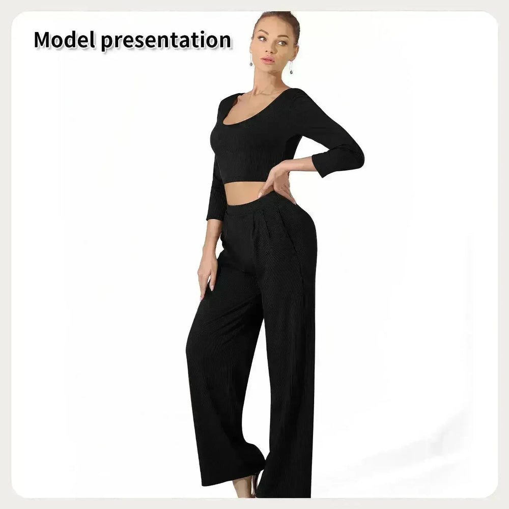 Women Fashion Casual Matching 2pcs set Long Sleeve Crop top and Pant set - EX-STOCK CANADA