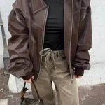 Oversized Fashion Zip-up Lapel Leather Jacket for women - EX-STOCK Canada