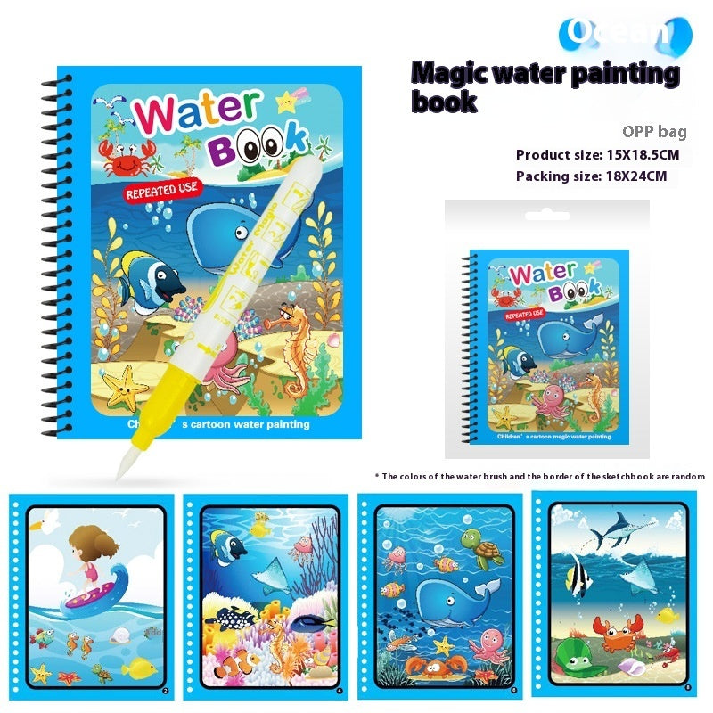 Children's water painting book with ocean-themed illustrations and a water brush.