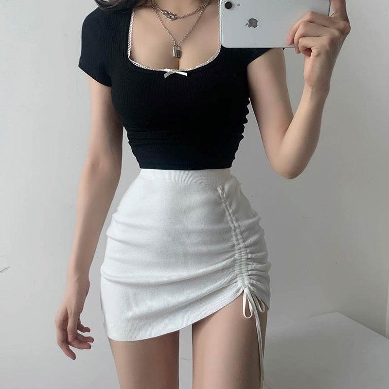 Hot Girl Hip Skirt Design High Waist With Straps Stretch Knitted Women's Mini Drawstring Split Skirt - EX-STOCK Canada