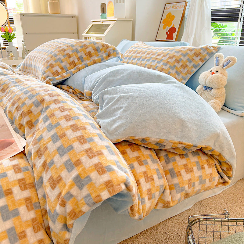 Nordic Striped Coral Fleece Duvet Cover Flannel Sheet Cover Three-piece Set EX-STOCK Canada 