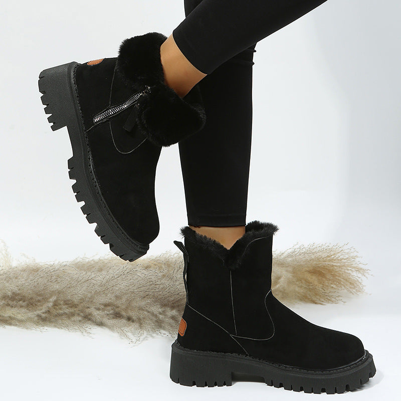 Women's Suede Snow Boots – Plush Lined Ankle Boots with Side Zipper | Black, Brown, Khaki | Sizes 35–43