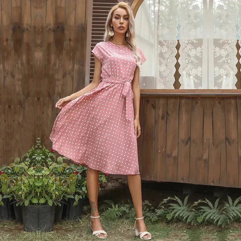 Summer Women Polka Dot Short Sleeve Dress Casual Pleated Midi Dresses Elegant Green Office Lady Clothing - EX-STOCK CANADA