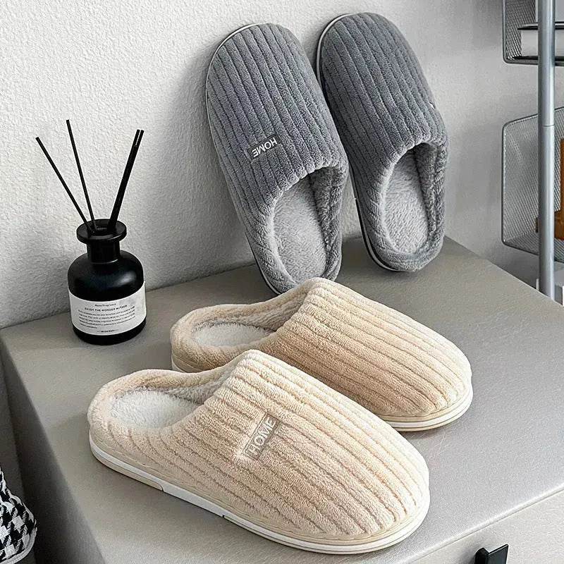 Solid Color Simple Cotton Slippers Winter Non-slip Home Warm Plush Slippers Household Indoor Couple Women's House Shoes - EX-STOCK Canada