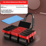 Red six-wheel abdominal wheel with black handles on a brown background
