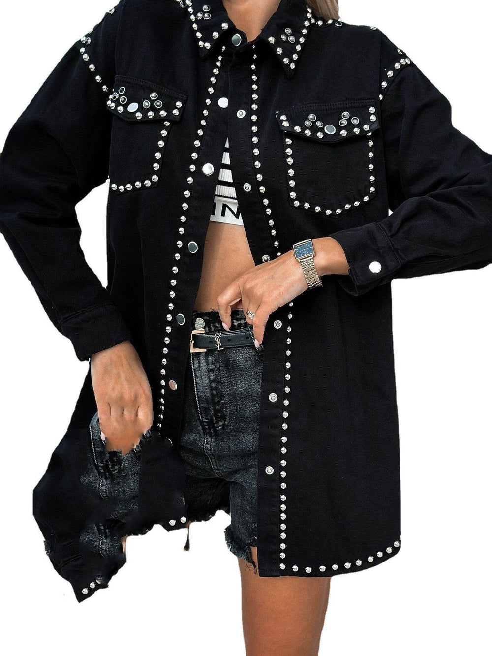 Retro Street Style Rivet Loose Denim Jacket Women EX-STOCK Canada 