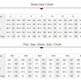 A dress size chart table with two sections: 'Dress Size Chart' and 'Plus Size Dress Size Chart'. The chart lists US sizes 2 through 26V with columns for inch measurements in both centimeters and inches, including Bust, Waist, and Hips.