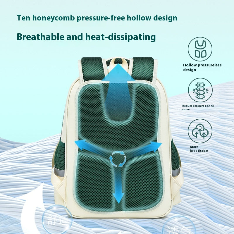 Backpack with honeycomb pressure-free design on a light blue background