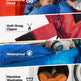 Product features of a jacket with drawstring hood, anti-snag zipper, waterproof material, and machine washable capability.