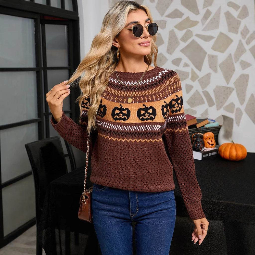 Women's Halloween Pumpkin Embroidered Retro Long-sleeved Sweater - EX-STOCK Canada