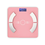 Pink digital bathroom scale with a white border on a white background