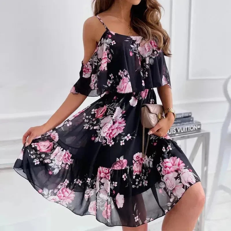 Flower Printed Ruffled Suspender Dress Summer Off-the-shoulder Strap Dresses Women - EX-STOCK CANADA