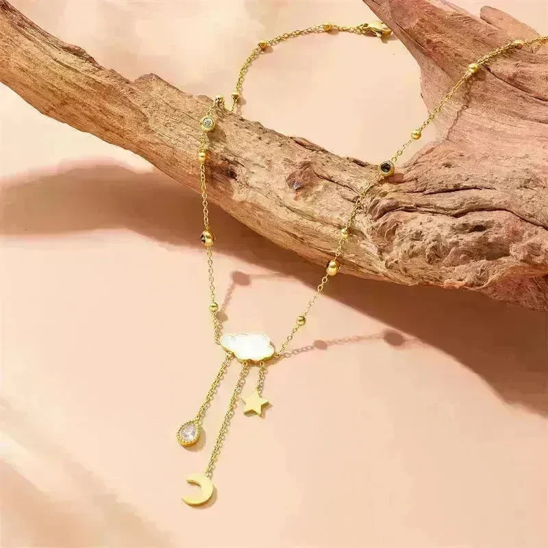 White Shell Cloud Star Moon Long Fringe Water Drop Fashion Necklace - EX-STOCK CANADA