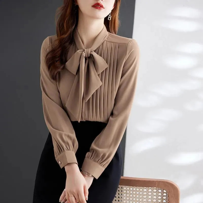Women neck tie Chiffon Long Sleeve Shirt For work - EX-STOCK CANADA