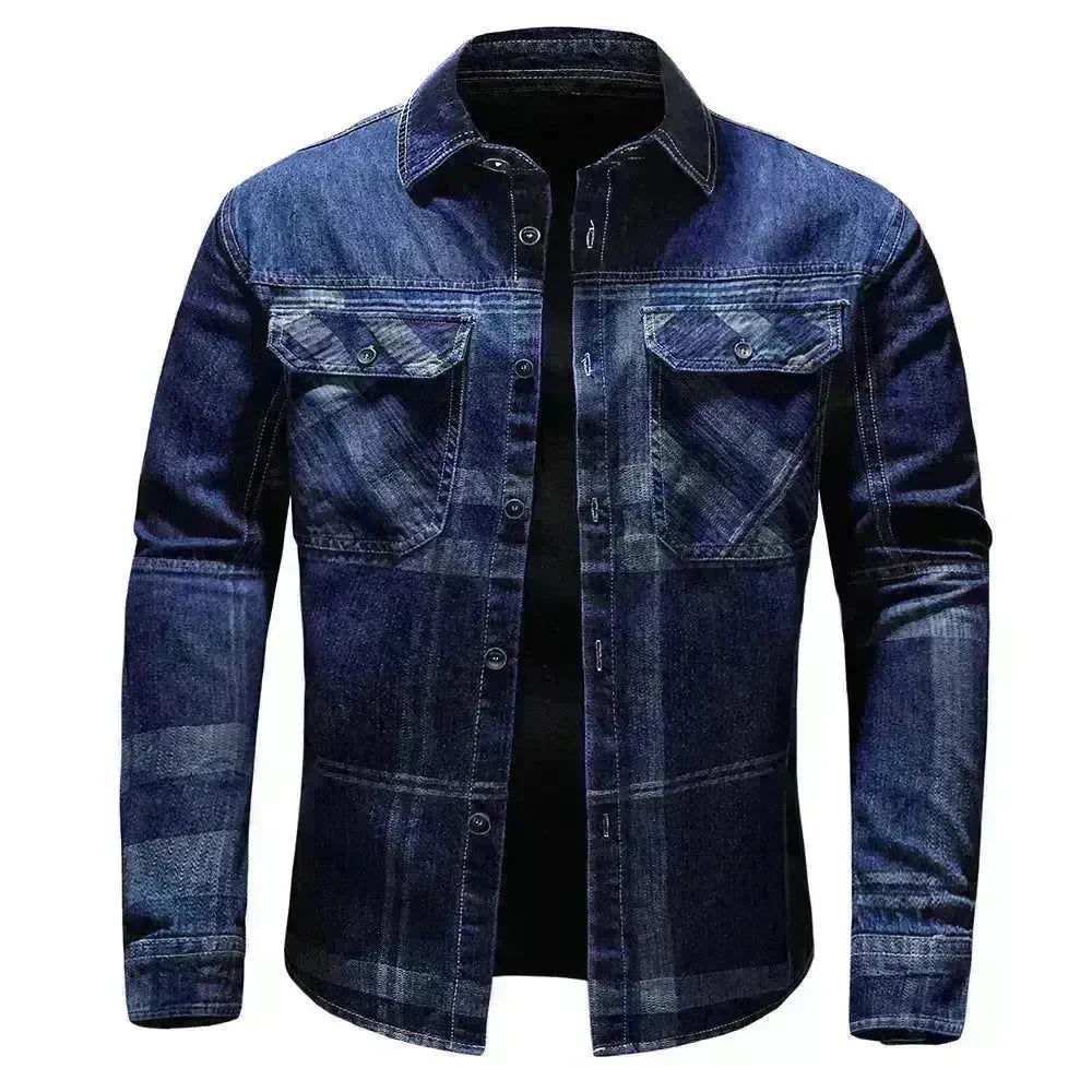 Fashion Plaid Denim Long-sleeved mens denim shirt Slim fit Jeans Shirt for men Denim top for men - EX-STOCK CANADA